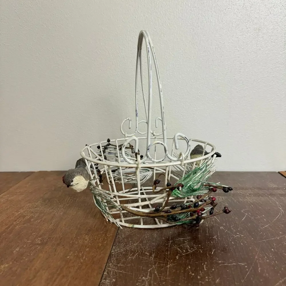 Metal‎ Wire basket with greenery bird Christmas holiday winter decor
